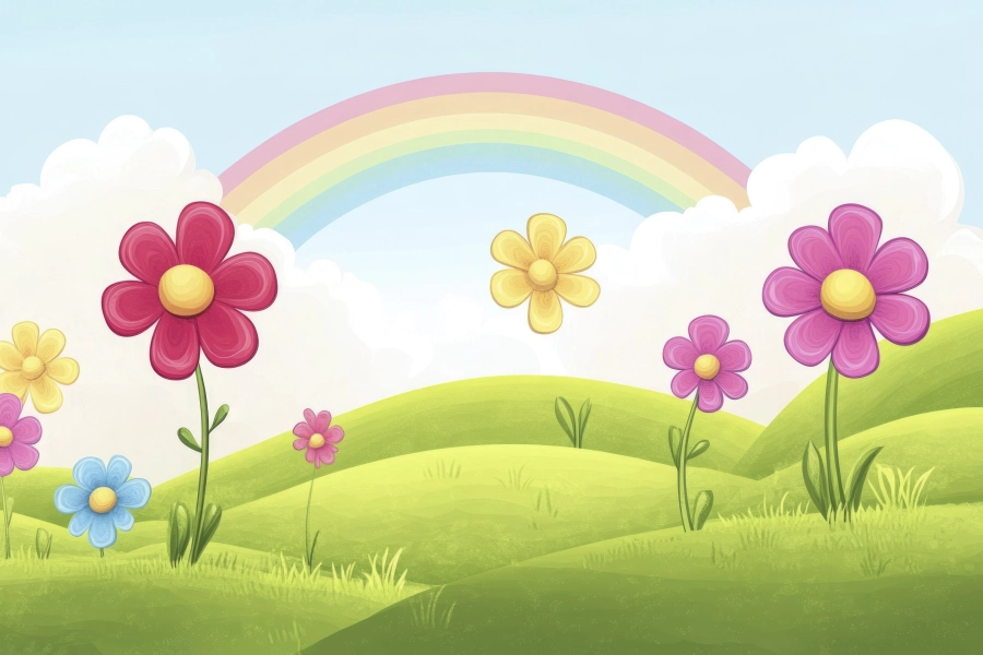 colorful-flowers-green-meadow-with-rainbow