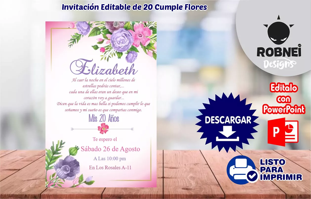 Invitacin de 20 Cumple Flores