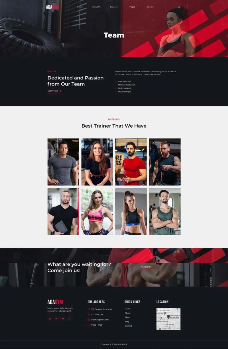 Plantilla de adagym fitness gym elementor template kit