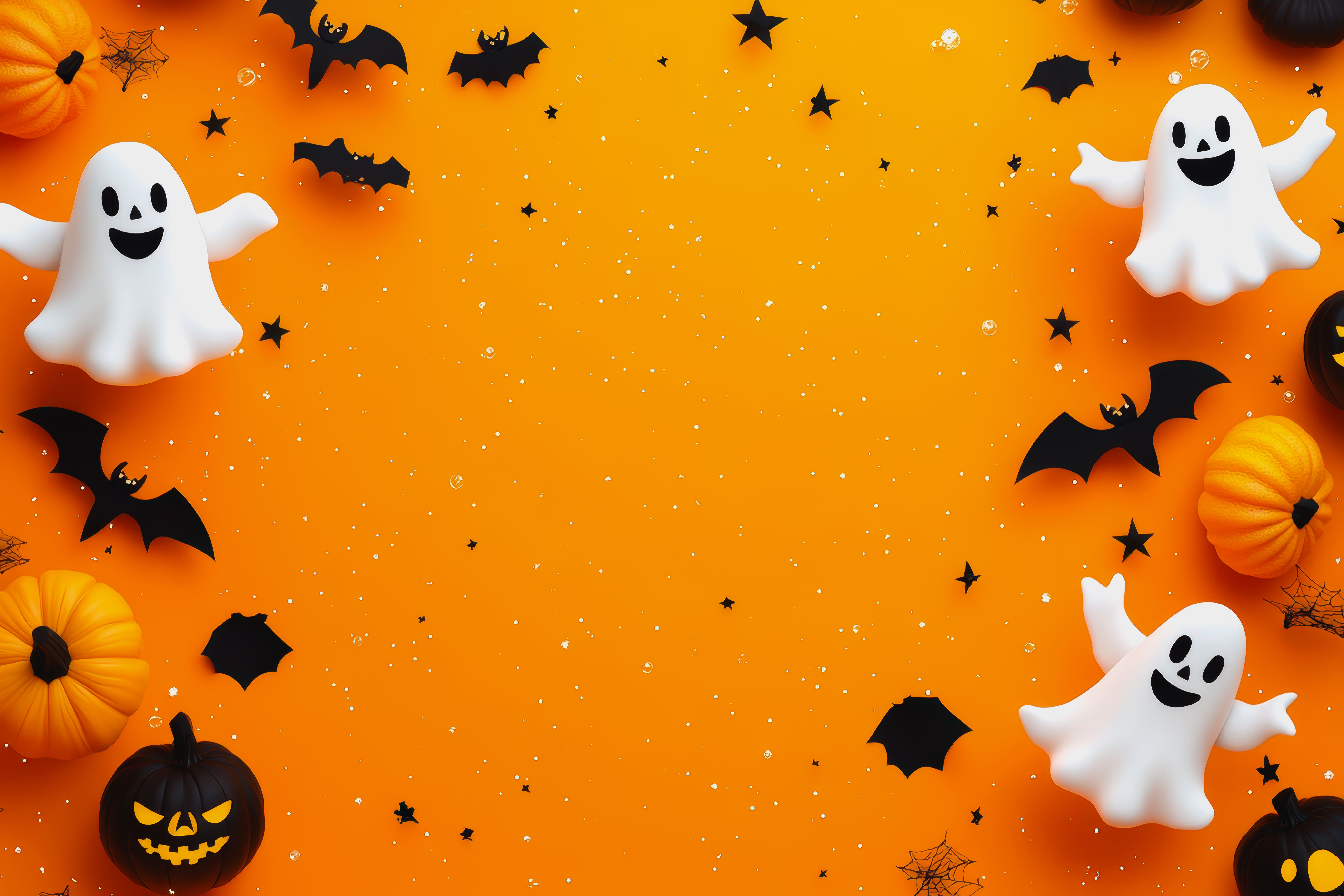 friendly ghosts pumpkins bats floating orange with playful halloween elements