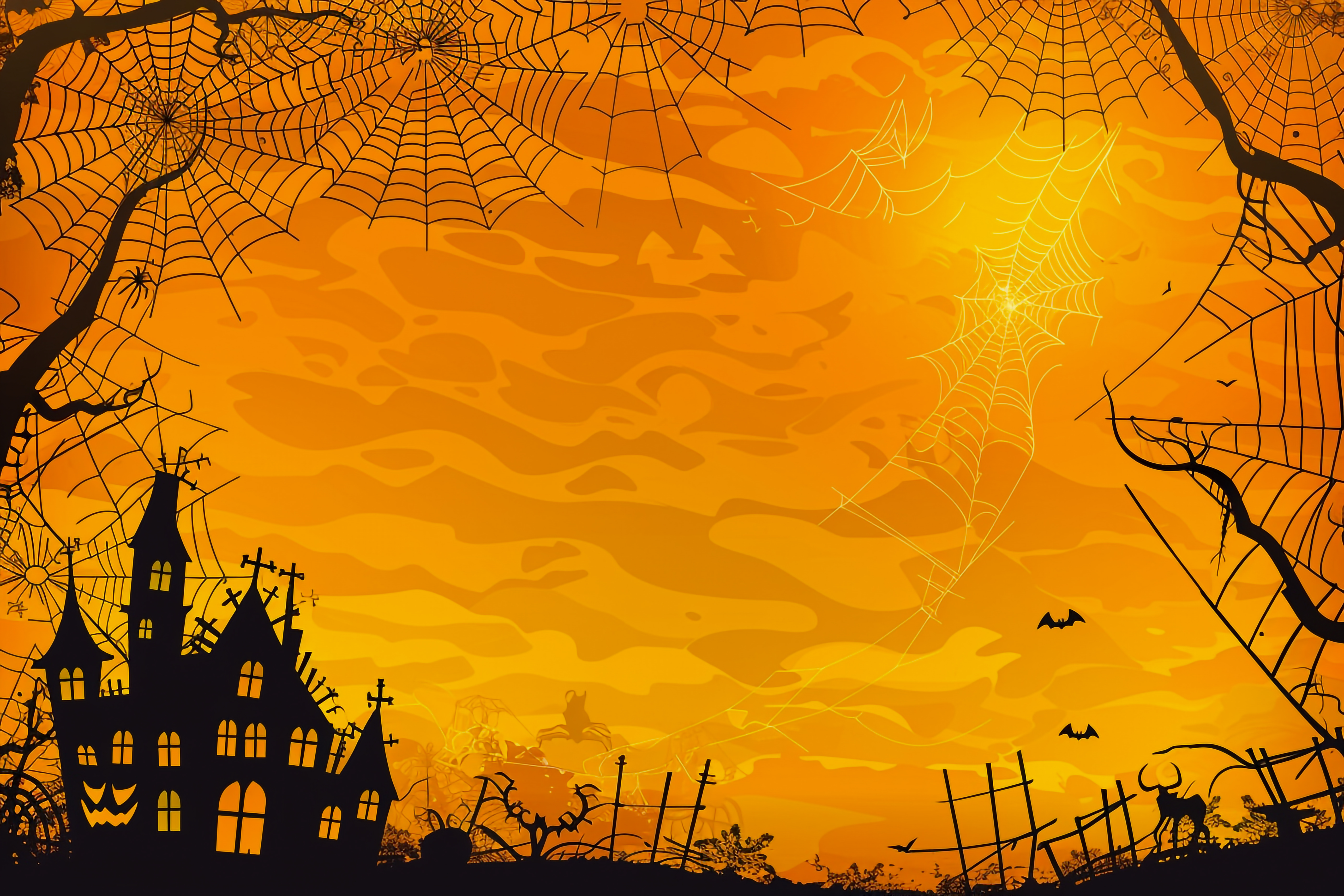 halloween night background with pumpkins spooky haunted house full moon bats webs