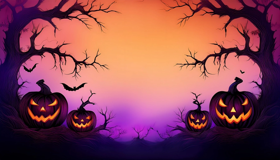 haunted forest pumpkins black silhouette pumpkins lining bottom scene with twisted tree branches vibrant colors offering ample copy space graphic art illustration