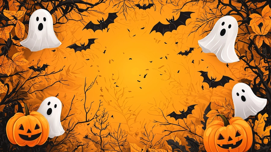 pumpkins-floating-ghosts-with-bats-orange-sky