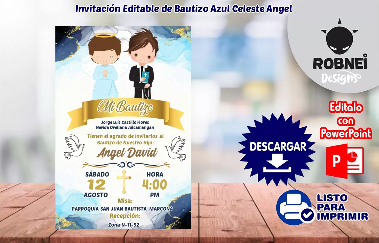 Invitacin de Bautizo Azul Celeste Angel