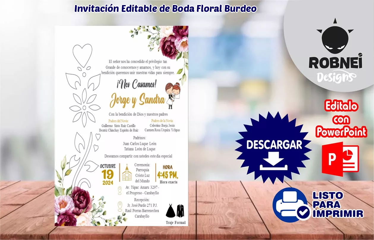 Invitacin de Boda Floral Burdeo