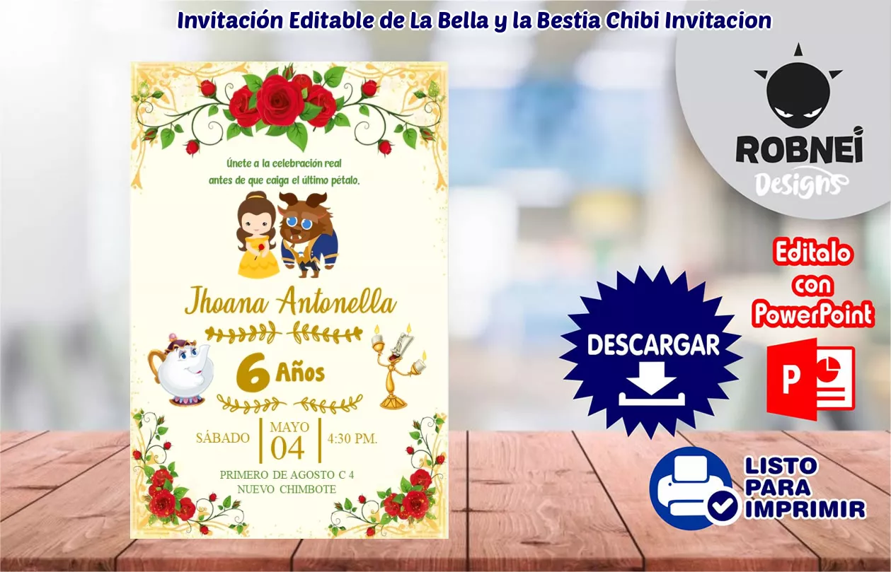 Invitacin de La Bella y la Bestia Chibi Invitacion