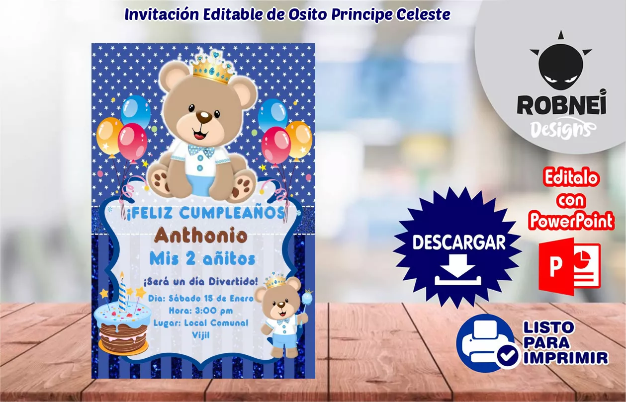 Invitacin de Osito Principe Celeste